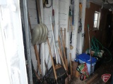 Yard and garden tools: rake, shovels, snow shovel, pitch fork, potato fork, pruner, lopper