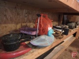 Barn rope, extension cord on reel, belt driven grinder, electric motor, old oil can with lid