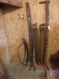 1-man and 2-man saws, (2) draw knives, (2) sythe heads, and limb saw
