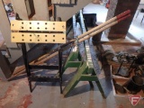 Folding workstand vise, (2) saw horses, and (2) wood boat oars