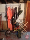 Hunting clothing: blaze orange rain suit, XXL camouflage jacket, fleece camouflage pants