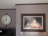 Wolf picture and wall clock with Roman numeral face