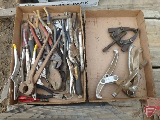 Clamping pliers, wire cutters, 6" and 10" pipe wrenches, gear pullers, needle nose pliers