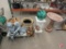 Cement stand, gazing ball, acrylic bird bath, flower pots