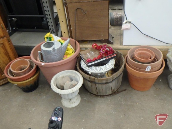 Clay, cement, metal, flower pots, bird feeder, potting mix