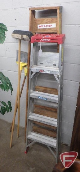 Werner aluminum and wood ladders, 2 brooms