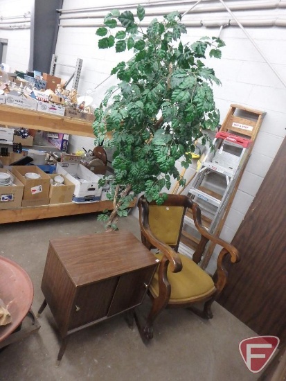 Wood rocking chair, record cabinet, artificial tree