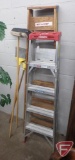 Werner aluminum and wood ladders, 2 brooms