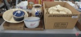 Pfaltzgraff punch bowl, pottery pieces, 3 boxes