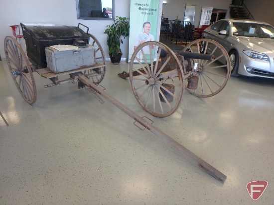 Civil War reproduction cannon, artillery (limber) cart, and cannon balls