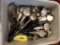 Assorted serving ladles, strainer spoons, ice cream scoops; bus tote