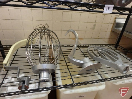 (4) commercial mixing attachments: whisk, dough hook, flat beater, and bowl scraper