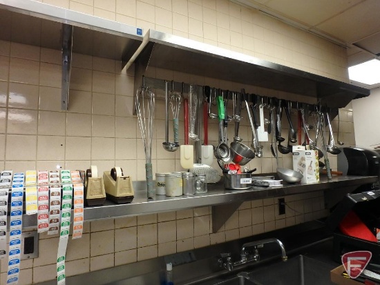 Kitchen utensils: ladles, 4 oz. slotted spoons, 2 oz. ladles, spatulas, whisks, masher