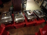 (4) 9-qt stainless steel chafing dishes; (4) totes with hinged lid and additional roll-top cover