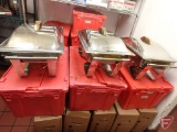 (3) Silver and gold chafing dishes with (3) folding lid totes