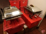 (2) Silver and gold chafing dishes with (3) folding lid totes