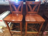 (2) Wood high-top/bar height chairs with backrest and metal footrest guard, 31