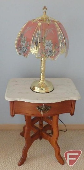 Vintage table with drawer and marble top. Touch lamp