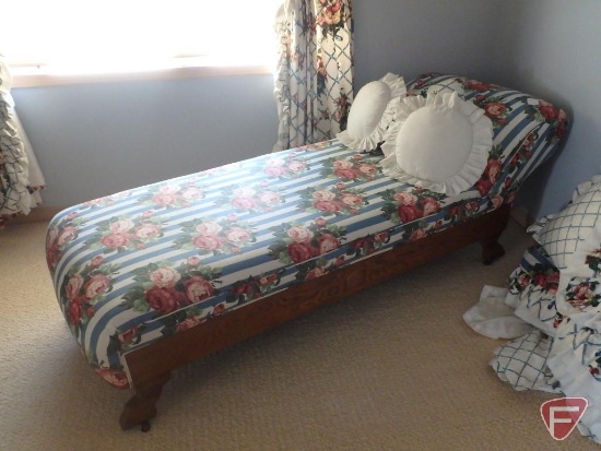 Antique Fainting couch that has been recovered with matching linens 80"l