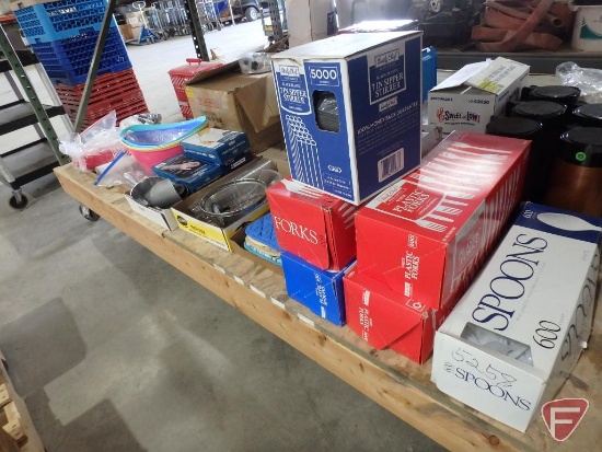 Plastic tableware and stir sticks, hotpads, disposable gloves, serving dishes, scoops,