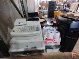 Royal cash management system register, (2) locking tills, (2) boxes of cash register tape, shredder