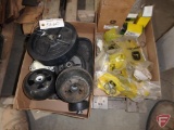 Plastic mower deck wheels, safety covers, John Deere nuts, bolts, filter, bearings