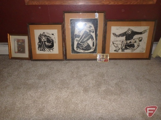 Religious prints, matted and framed, largest is 32" x 26"