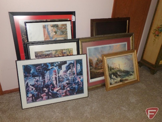 Assorted framed prints, mirror, largest is 43" x 30" Thomas Kinkade and others