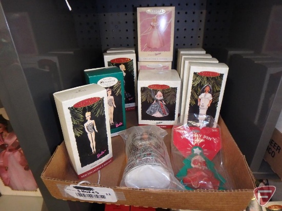 Barbie Keepsake ornaments, Holiday pin, and McDonalds, Hallmark 1996 Membership Kit.