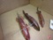 (3) handmade fishing decoys: brown and maroon