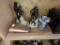 Metal case, Bose speakers, cow bell, gargoyle candle holder, (2) resin statues