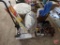 Milk can, thermometer, Allied heated bird bath, paper file boxes, leather belts, boot brushes