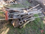 Yard/garden tools: shovels, post pounder, rock rakes, forks, ice chipper, hoe, broom, tile spades