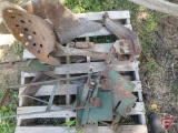 1-bottom, horse drawn walk behind plow, IH seat, tractor cab steps, and other parts