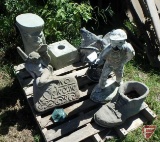 Cement lawn ornaments: (2) angles, doves, man, shoe; lion plant stand (not cement)