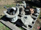 (4) gargoyles, own on branch, building, basket; and metal watering can