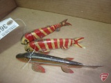 (3) handmade fishing decoys: red and gold/striped