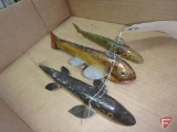 (3) handmade fishing decoys: green, gold, and brown