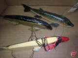 (3) handmade fishing decoys: red/white, gold, green