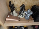Metal case, Bose speakers, cow bell, gargoyle candle holder, (2) resin statues
