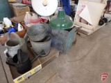 Enamel yard light shades, galvanized watering cans, oil cans, copper planter, metal funnel