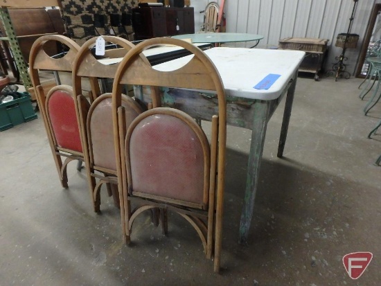 Enamel top tables. 40"w, 3 folding chairs