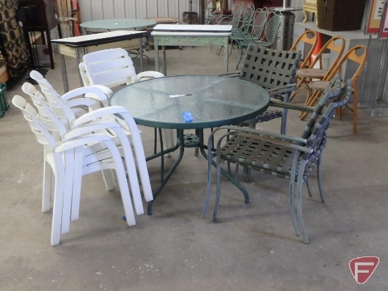 Glass top patio table, 42"w, 4 metal chairs, 5 plastic chairs