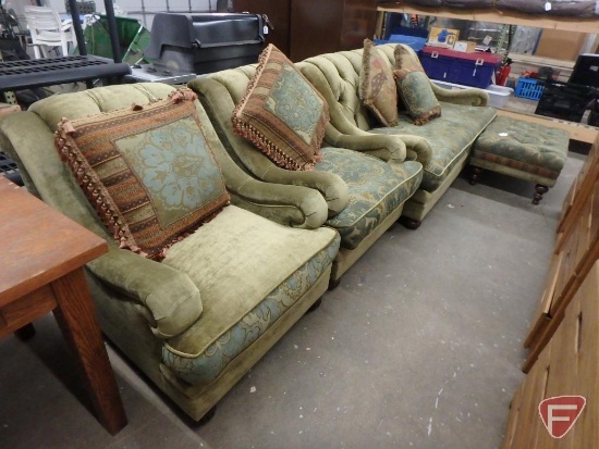 Sofa, 76"w, 2 chairs, ottoman, 5 pillows