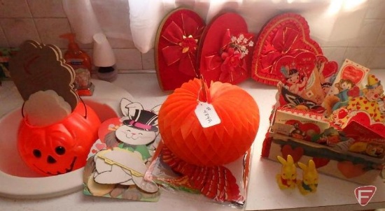Halloween and Valentine decorations and cards