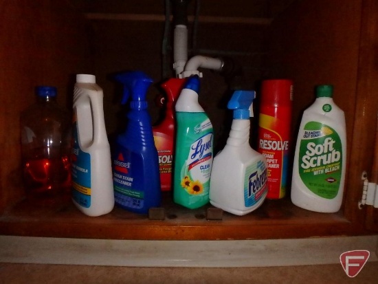 Cleaning items, toilet paper and paper towels, both cupboards