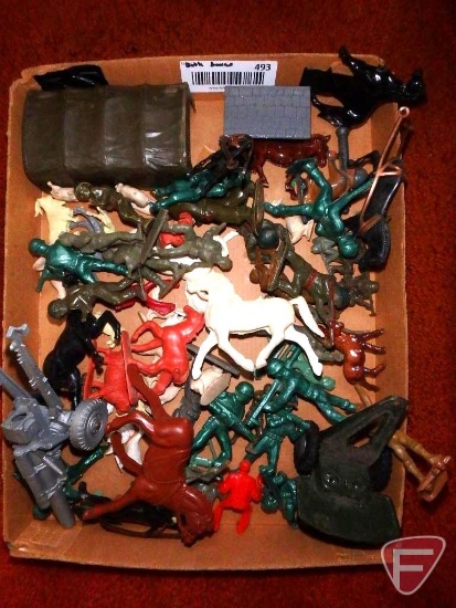 Vintage toys; some military, cowboys, horses and farm animals.