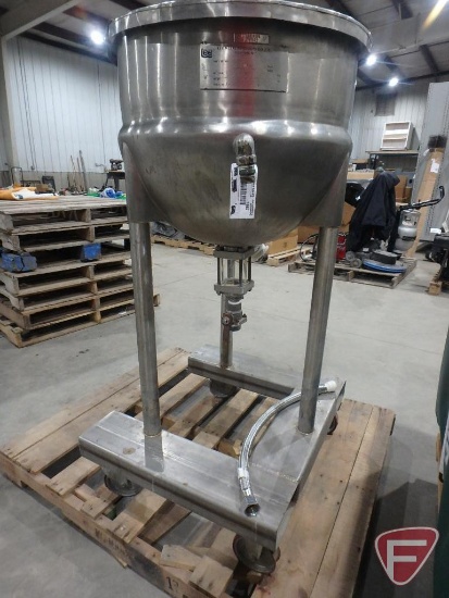 Lee Metal Products stainless steel jacketed kettle, 20 gallon, on casters