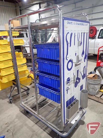 Plastic organizing bins on steel rack with wheels, 42"w x 24"l x 64"h