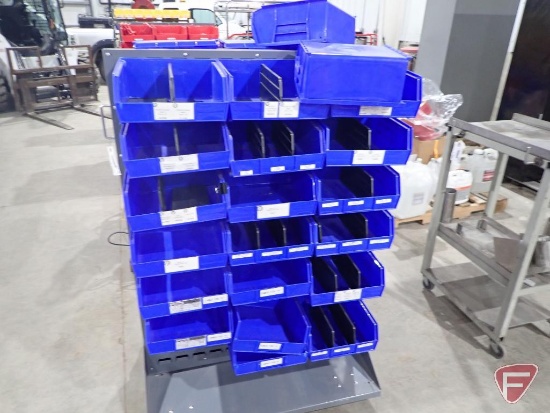 Plastic organizing bins on steel rack with wheels, 34"w x 34"l x 54"h